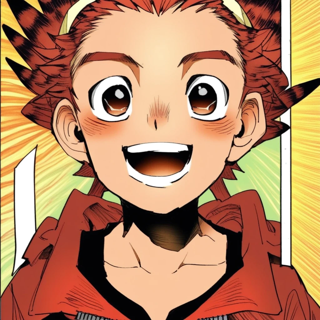 1boy,solo,bird kazami,headband,open mouth,smile,spiky hair,brown hair,brown eyes,black undershirt,red jacket,closed jacket,zipper,brown belt,gray pants,upper body,manga color,color,blush