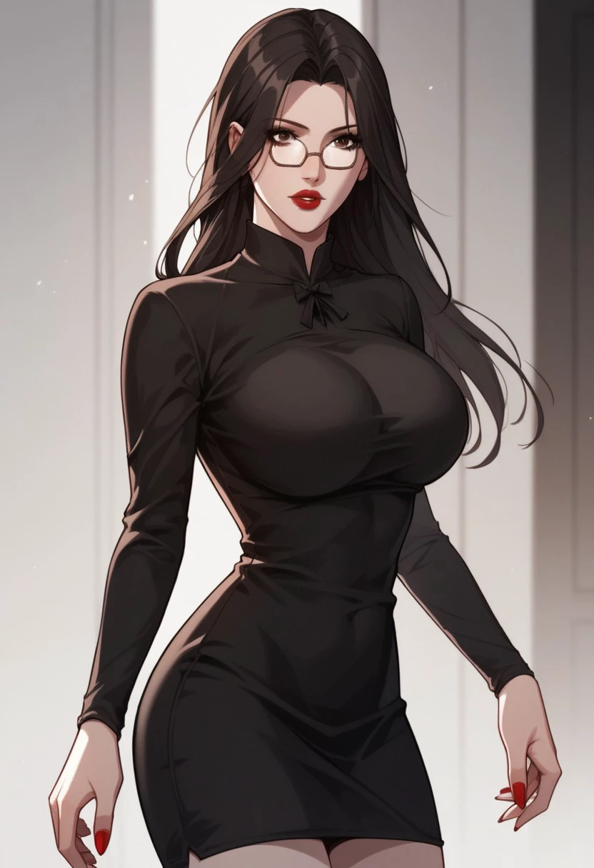 score_9, score_8_up, score_7_up, BREAK, LiRuobing, long hair, black hair, brown eyes, glasses, large breasts, makeup, red lips, red nails, BlackDress, black dress, tight dress, taut dress, short dress, long sleeves, 1girl, solo,