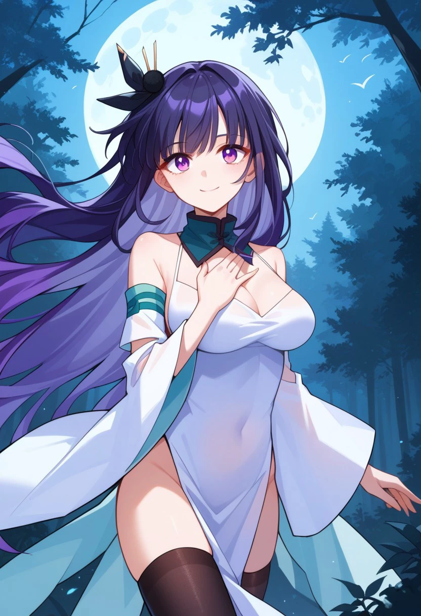 score_9, score_8_up, score_7_up, source_anime, Qianhe, purple eyes, black hair, purple hair, long hair, detached collar, bare shoulders, cleavge,dress, white dress, detached sleeves, wide sleeves, pelvic curtain, thighhighs, black thighhighs, forest, flying hairs, smile, large breasts, hand on chest, floating hair, moon