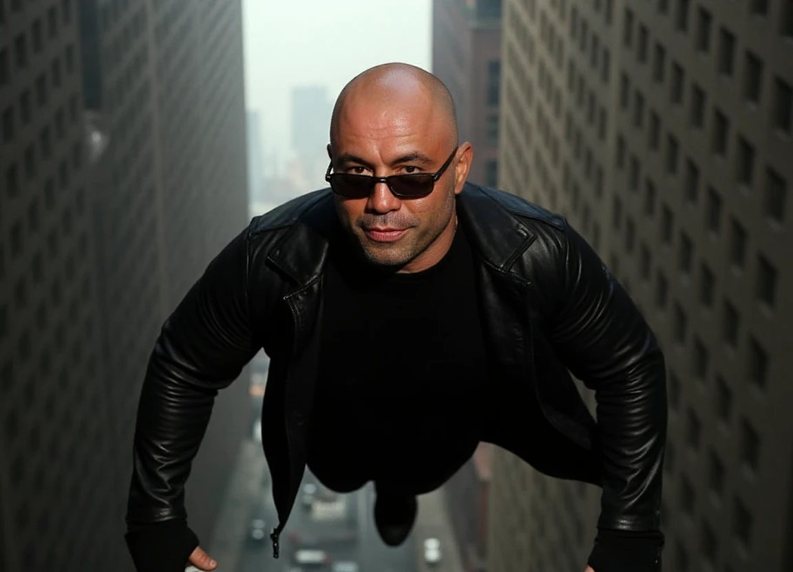 Photo of joerogan as bald man in the movie matrix, flying between buildings. he wears all black with long black leather jacket and black sunglasses  closeup of his face. full body cinematic shot<lora:joeroganv4:1>