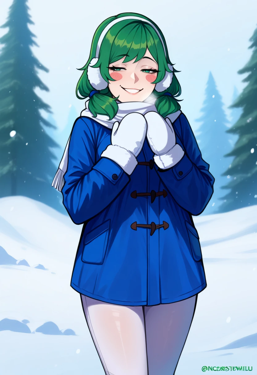 masterpiece, best quality, 1girl, solo, <lora:NSCarolineStardew:1> NSCarolineStardewIllu, green hair, twintails, short hair, mature female, happy, smug, pale skin, winter, earmuffs, white scarf, snow, blue coat, white mittens, blush stickers, white leggings, Christmas