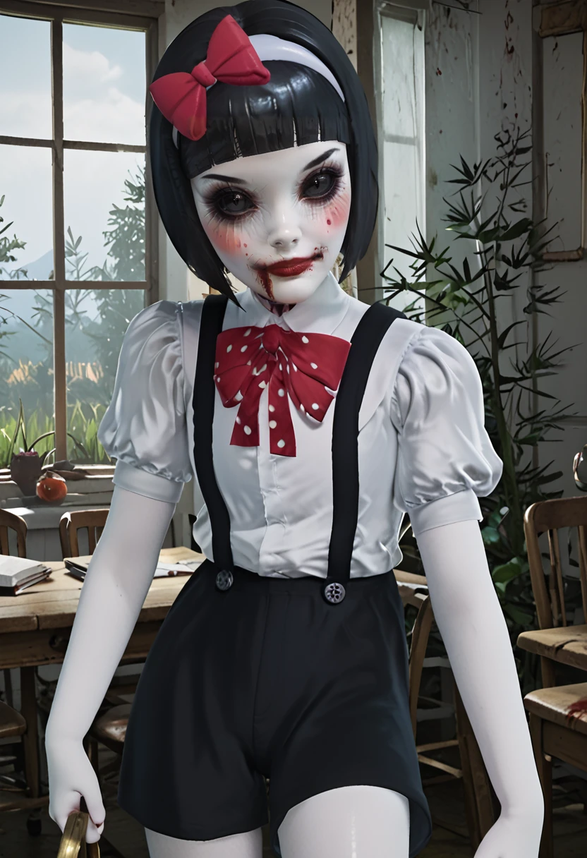 score_9, score_8_up, score_7_up, score_6_up, score_5_up, 1girl, <lora:Resentful_Puppet_-_Soul_Dossier_å°çµæ¡£æ¡:0.8> Resentful Puppet, black hair, short hair, bob haircut, blunt bangs, black eyes, black sclera, colored skin, pale skin, grey skin, blood, blood on face, makeup, red bow, hairband, hair bow, suspenders, white shirt, short puffy sleeves, black shorts, legs, thighs, horror (theme), creepy, dark, , slim legs, slim body, big eyes, female focus, fantasy, expressive, skindentation, 1female, masterpiece, 32K HD, beautiful attention to detail, detailed eyes, shiny skin, showing lots of skin, wide lens, perfect hands, perfect eyes, 3d, looking at viewer, zPDXL2, zPDXLxxx, expressionless, clothed female, indoors, school, cowboy shot, upper body, portrait, close up, holding, holding weapon, scissors