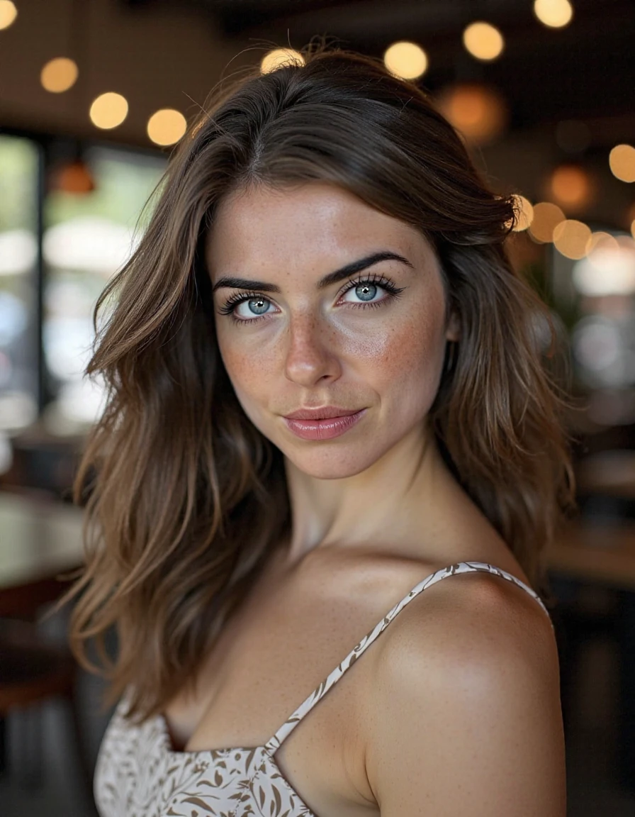 This is an image of a woman, a beautiful detailed photograph, hair cascading, makeup, wearing a dress, standing in a cafe looking at the viewer, with a hint of a closed-mouth smile.