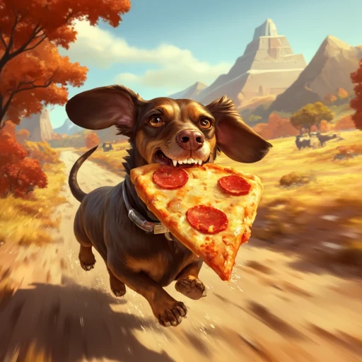 Digital ilustration in style of LORStyleFluxV1 of a dachshund running away with a big slice of pizza in his mouth