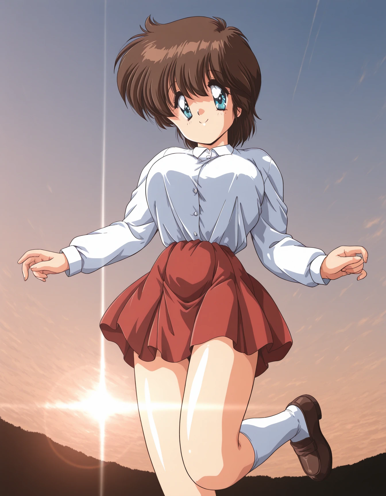 1girl, solo, 
<lora:Wakaba_Mina_Gomenne_Mina-chan_Illustrious_v2:1.0>, wakaba_mina_v2, large breasts, aqua eyes, blue eyes, brown hair, short hair, bangs, hair between eyes, sidelocks, white shirt, long sleeves, pleated skirt, red skirt, white legwear, loafers, 
smile, happy,  
outdoors, perspective, evening, sky, cloud, light rays, lens flare, double exposure, 
best quality, ultra-detailed, masterpiece, finely detail, highres, amazing quality, very aesthetic, absurdres, general, recent, newest,