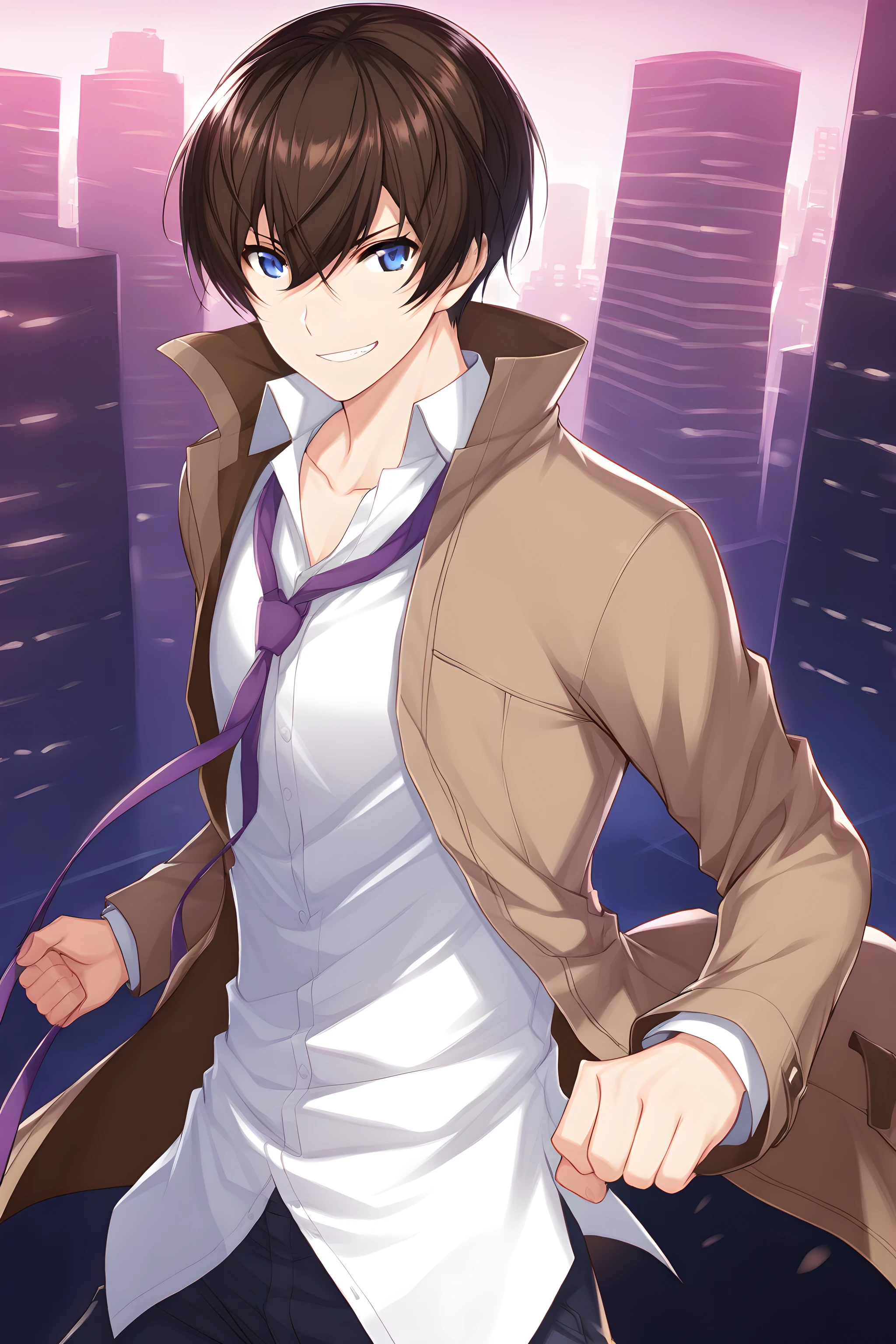 nayubin, 1boy, 1boy, male focus, blue eyes, solo, shirt, smirk, teeth, white shirt, necktie, city, brown hair, hair between eyes, looking at viewer, collared shirt, bangs, midnight background, jacket, brown jacket, closed mouth, open clothes, collarbone, brown coat, purple necktie, cowboy shot, fighting stance, fist to viewer, cowboy shot,  outstretched arm <lora:nayubin:1>, (masterpiece),(best quality),(ultra-detailed),(best illustration),(best shadow),(absurdres),(detailed background),(very aesthetic),