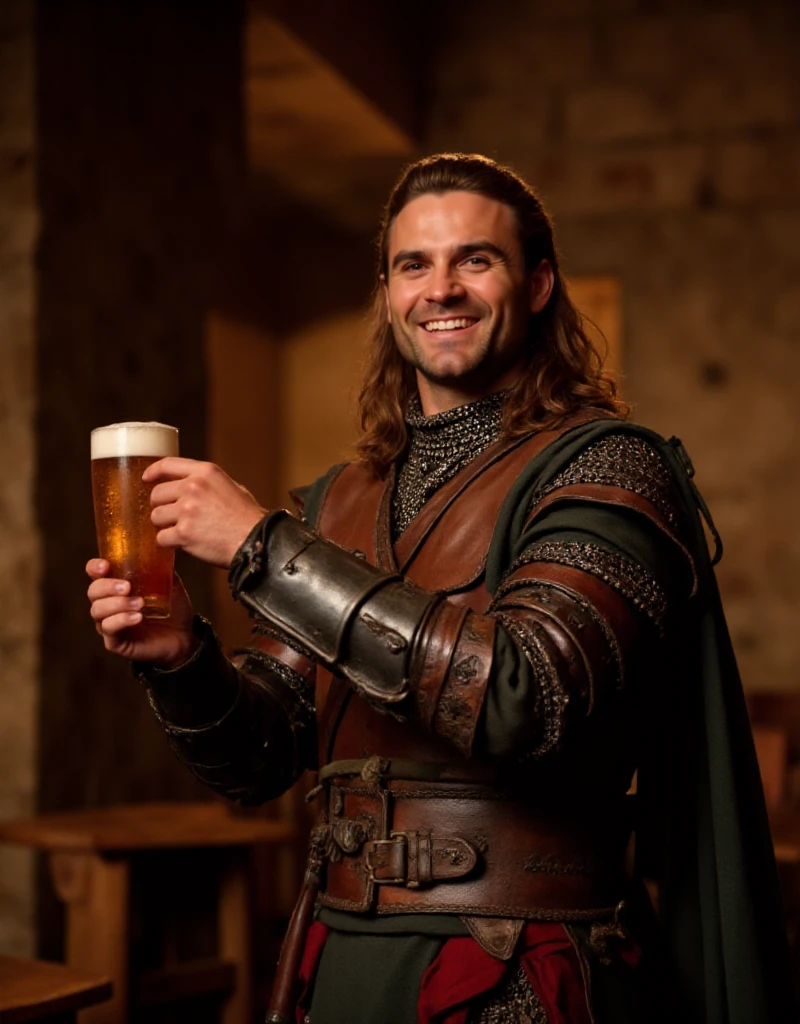 <lora:Gannicus:0.9> gannicus, facial hair, realistic, chain mail turtleneck shirt. armor. He is smilling and holding a beer in a antic tavern.