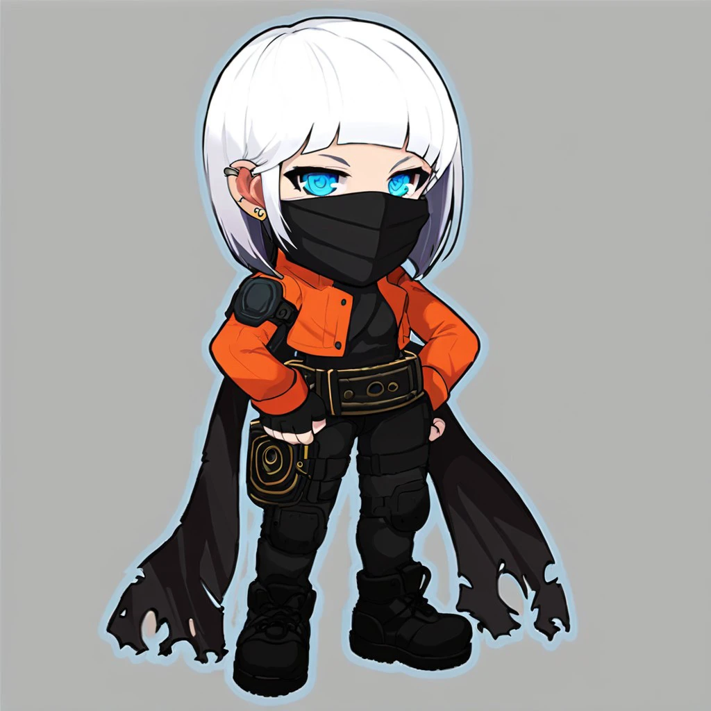 Shadower, female, woman, girl, solo, 1girl, white hair, blue eyes, straight hair, medium hair, smooth hair, mouth mask, ninja mask, shadower mask, scarf, scarf mask, double scarf, ragged scarf, torn scarf, shadower scarf, earring piercing, piercing earrings, piercing, earring, light skin, fair skin, black and dark brown clothes, orange jacket, fingerless gloves, pads, details, pocket, belt, boots, shoes, perfect hands, perfect fingers, masterpiece, beautiful, good quality,full body, full view, standing, night cities, cities night, night lights, perfect, perfect anatomy, good anatomy, perfection, high quality, detailed, detailed eyes, detailed face, perfect eyes, beautiful, beautiful eyes, BREAK, score_9, score_8_up, score_7_up