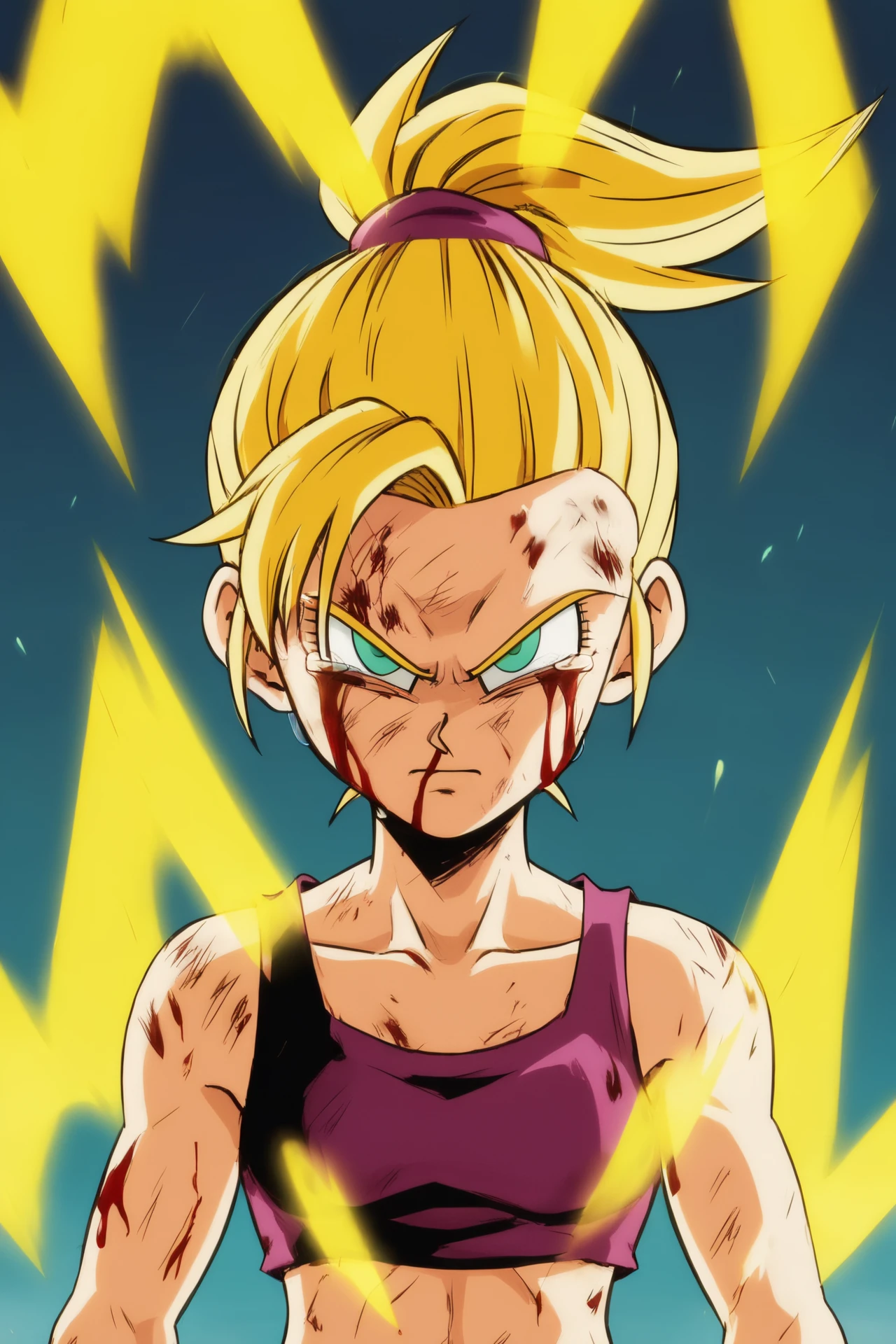 source_anime, score_9, score_8_up, score_7_up, anime screencap,8k, absurd res,
bra \(dragon ball\), solo, looking at viewer, blonde hair, 1girl, green eyes, upper body, v-shaped eyebrows, tears, blood, frown, ponytail, portrait, serious, injury, blood on face, yellow aura, bruise, blood from mouth, super saiyan, floating hair, 
 <lora:bra_pony_v1:0.8>