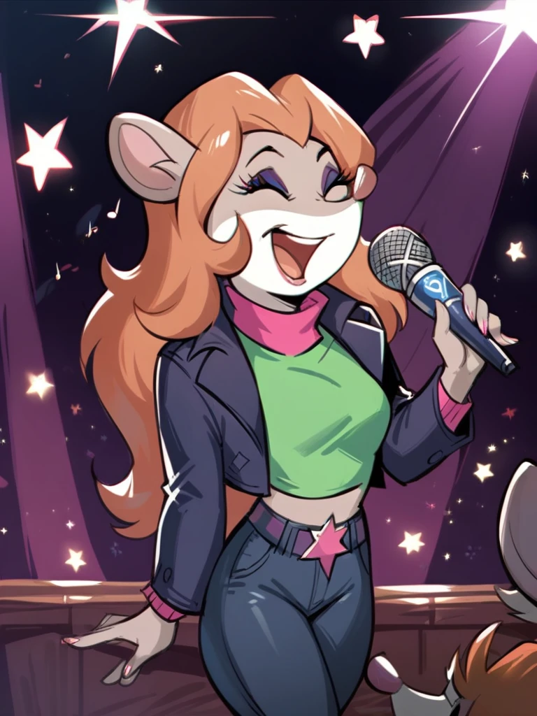 score_9, score_8_up, score_7_up, score_6_up, score_5_up, score_4_up, Talia_Squeaks, open jacket, green sweater, jeans, singing, microphone, stage, spotlight, stage lights, detailed face, detailed eyes, detailed background, <lora:talia-v3:1>