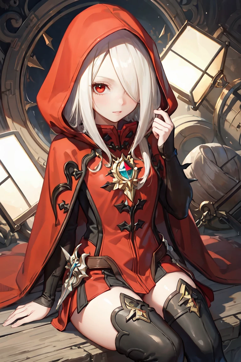 masterpiece, best quality, ultra-detailed, glistening shiny, glowing light, ray tracing, HDR, deph of field, (perfect face, detailed face),  <lora:NestArgenta:0.8>, argenta, hair over one eye, red eyes, red hooded cloak, red short dress, thigh boots, bridal gauntlet, sitting