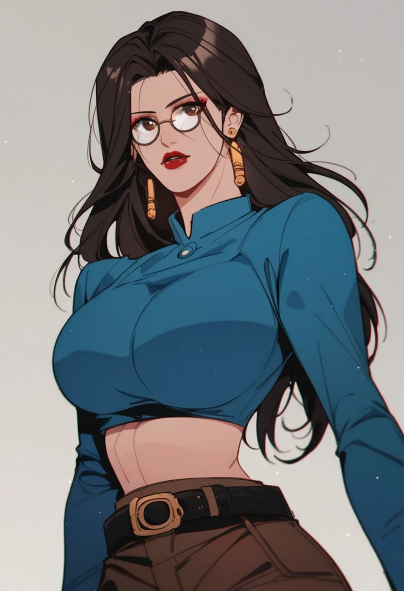 score_9, score_8_up, score_7_up, BREAK, LiRuobing, long hair, black hair, brown eyes, glasses, large breasts, makeup, red lips, red nails, CasualBlue, earrings, blue shirt, crop top, long sleeves, belt, brown pants, 1girl, solo,