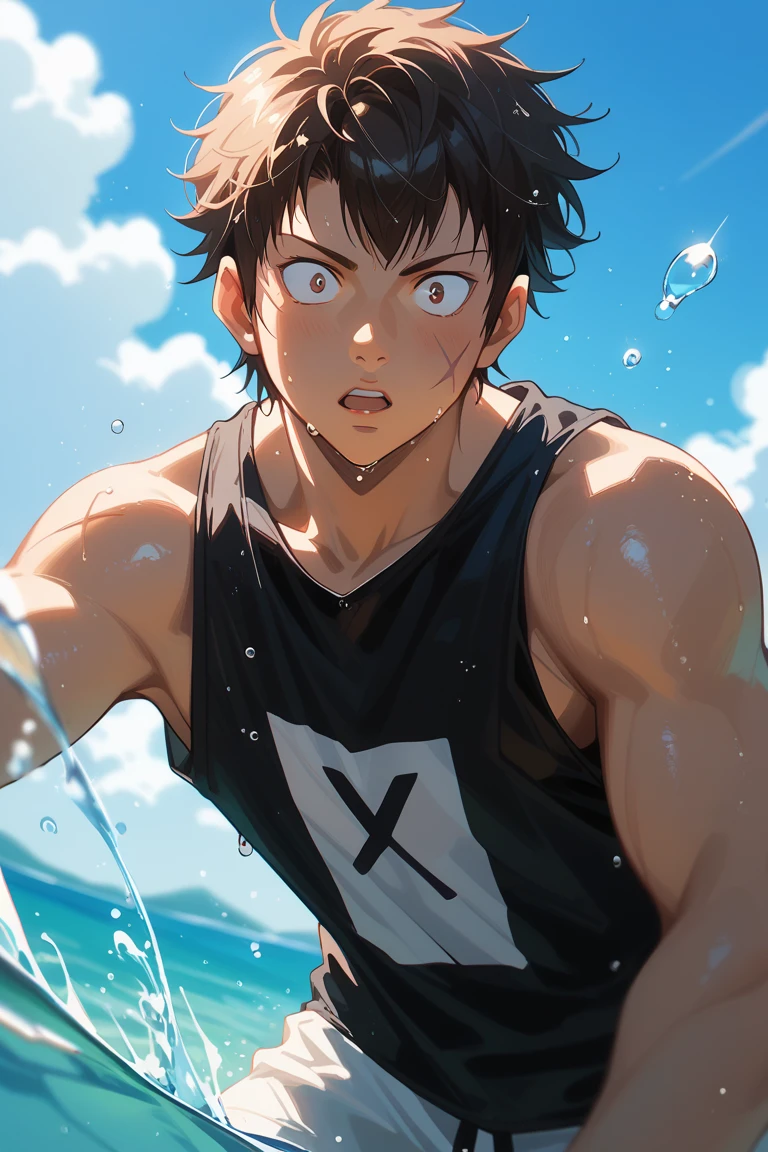 score_9, score_8_up, score_7_up, source_anime, rating_questionable, day, natural lighting, summer theme, water, water droplet, water splash, ocean horizon, male focus, leaning forward, looking down at viewer, surprised, RaichiDA, brown_RaichiDA_scar on cheek, black_RaichiDA_hair, constricted pupils, parted lips, summer clothes, wet clothes, black tank top, 1boy, blurry outdoors, scenery, from below, dutch angle, intricately detailed illustration, atmospheric perspective, depth of field