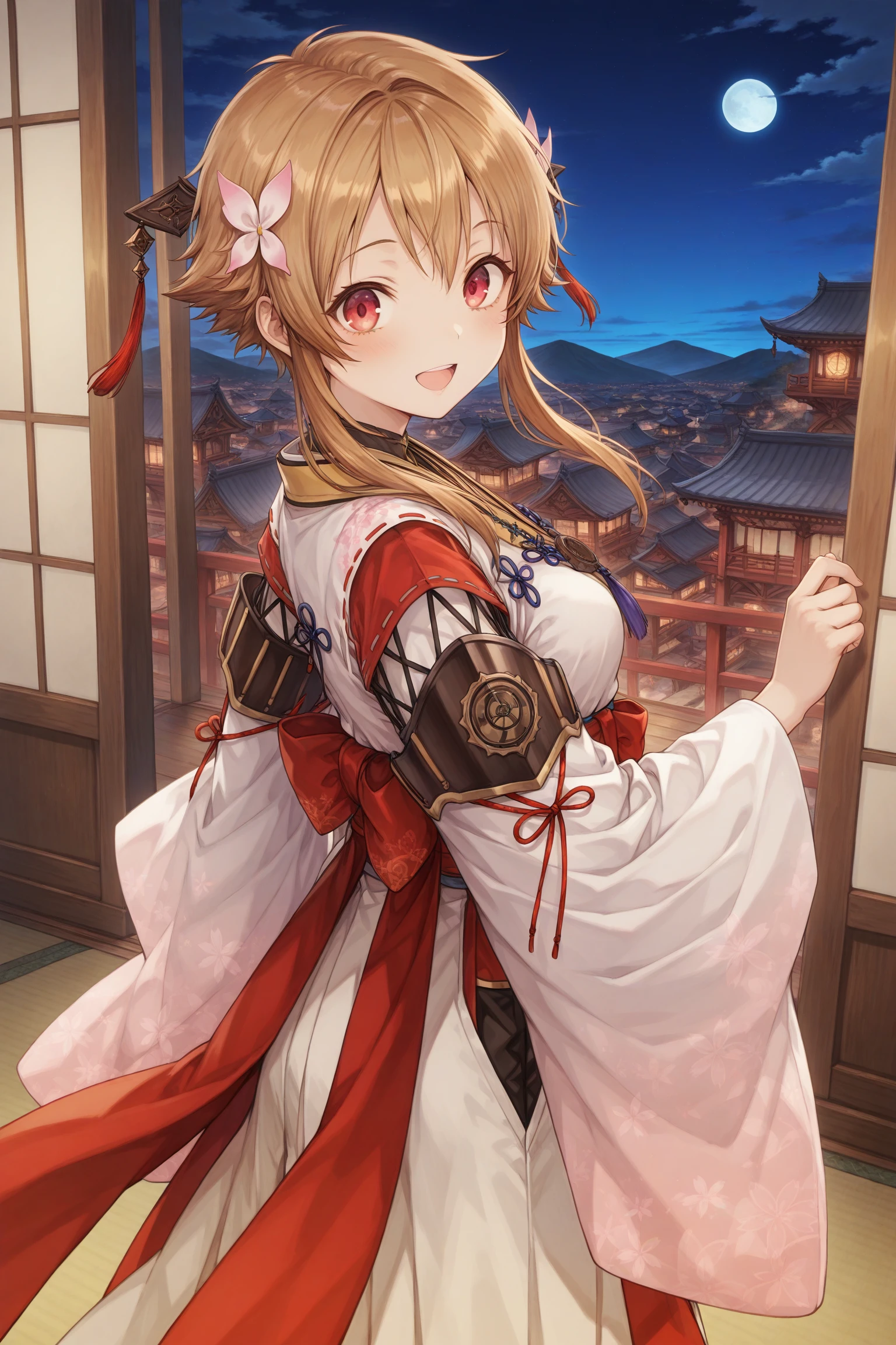 masterpiece, best quality, amazing quality, highres, absurdres, very aesthetic, high resolution, ultra detailed, perfect details, 1girl, indoors, smile, medium breast, mira, brown hair, short hair, short hair with long locks, sidelocks, hair ornaments, red eyes, long sleeves, wide sleeves, japanese clothes, onmyouji, white hakama, tabi, okobo, <lora:Mira:0.8>, (cowboy shot:1.6), (night:1.5), spead arms, smile, open mouth, from side, from above