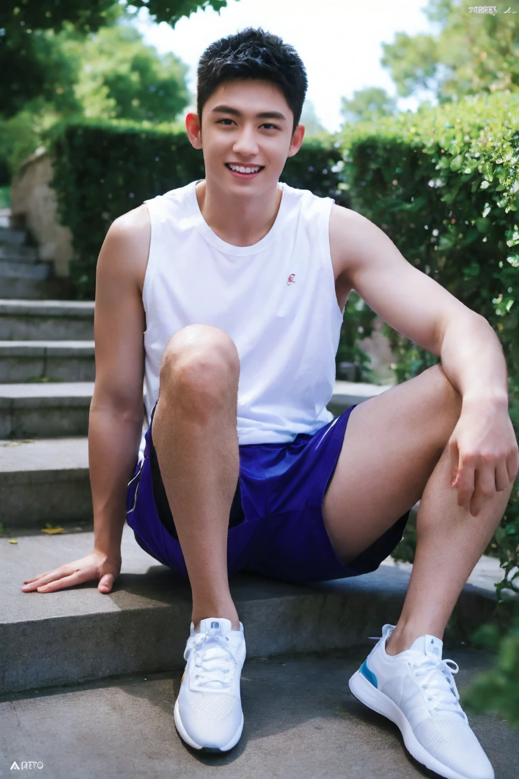 best quality, amazing, finely detailed, cinematic lighting, highres, an extremely delicate and beautiful, ray tracing, original, incredibly_absurdres, colorful, intricate detail, artbook, 1boy, male focus, smile, teeth, wearing a sleeveless shirt and shorts, sport shoes, sitting on a staircase, relaxed posture, casual summer outfit, short hair, neutral facial expression, soft lighting, detailed background, urban outdoor scene, concrete steps, realistic shadows, soft ambient light
<lora:AsianMan009:0.8>