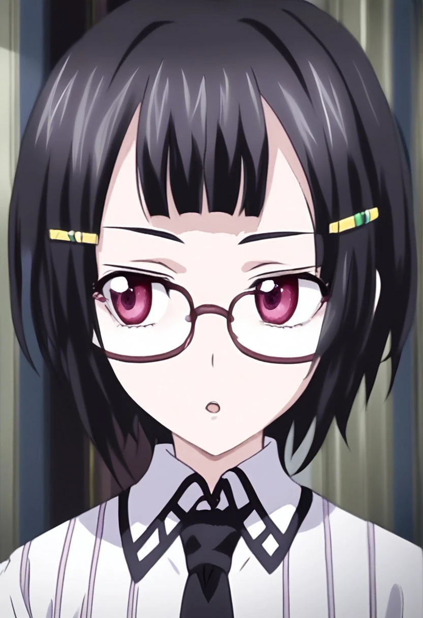 s0n4s1tr1 ,Sona Sitri ,
1girl, solo, short hair, open mouth, bangs, shirt, black hair, hair ornament, red eyes, school uniform, purple eyes, white shirt, parted lips, necktie, glasses, hairclip, collared shirt, blunt bangs, english text, looking to the side, looking away, parody, portrait, black necktie, fake screenshot,