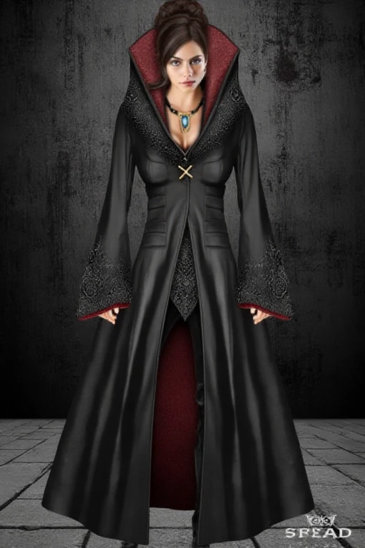 This is a digital artwork featuring a woman standing against a textured, dark grey background. She has a stern expression and is wearing a long, black, high-collared robe with intricate details. The robe has a deep red lining visible at the collar and cuffs, and it is adorned with silver embellishments, adding a touch of elegance. The fabric appears to be made of a smooth, glossy material, possibly leather or a similar synthetic material, giving it a sleek and luxurious texture.

Her hair is styled in a sophisticated updo, with a few loose strands framing her face. She wears a necklace with a large, blue gemstone pendant, which contrasts sharply with her dark attire. Her makeup is subtle, with a focus on her eyes, which are accentuated by dark eyeliner and mascara. The woman’s posture is confident and commanding, her hands resting at her sides.

The background is a dark, industrial-looking space with a textured wall that adds depth to the image. The floor is a smooth, metallic gray, enhancing the overall dark and mysterious atmosphere of the scene. The lighting is soft, casting subtle shadows that highlight the contours of her figure and the details of her clothing. The image is signed by the artist "sleentamages" in the lower middle portion