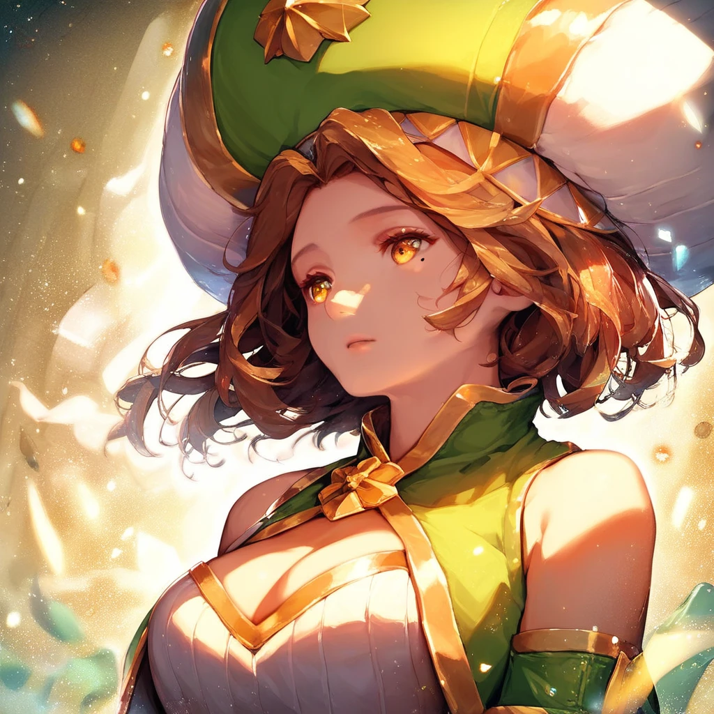 Sophie Dragalia, brown hair, short hair, yellow eyes, mole under eye, large breasts, wide hips, defaultsophie, hat, cleavage, bare shoulders, detached sleeves, brooch,score_9, score_8_up, score_7_up, source_anime, 1girl, light particles, dramatical lighting, (detailed, light particles, dynamical lighting, masterpiece, beautiful art, beautiful eyes, beautiful face, delicate artwork), score_9, score_8_up, score_7_up, 1girl,