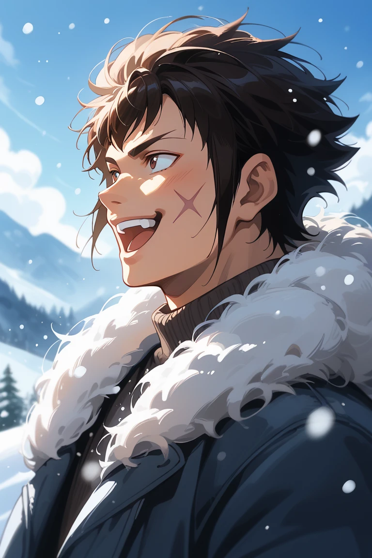 score_9, score_8_up, score_7_up, source_anime, rating_safe, day, natural lighting, winter theme, snow, snowing, snowflakes, mountain, breath, male focus, leaning back, looking away, smiling, RaichiDA, brown_RaichiDA_scar on cheek, black_RaichiDA_hair, constricted pupils, open mouth, winter clothes, fur trim, 1boy, blurry outdoors, scenery, from side, from below, dutch angle, intricately detailed illustration, atmospheric perspective, depth of field