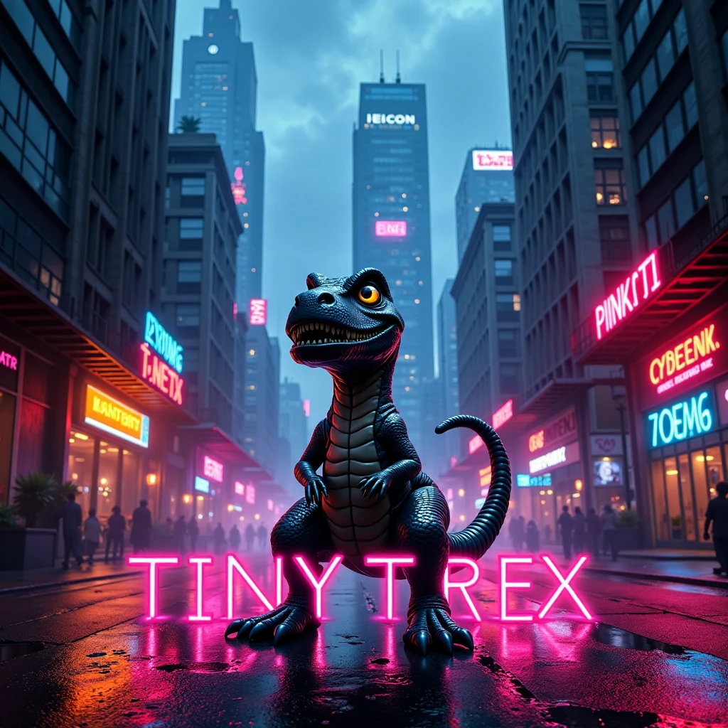 tiny t-rex, futuristic cyberpunk cityscape, neon lights illuminating the rain-soaked streets, dark and gritty atmosphere, towering skyscrapers, high contrast, intense color glow, intricate mechanical details on buildings, tiny t-rex standing heroically in front, film poster layout, cinematic lighting, shadows casting a dramatic look, bold title text \"Tiny T-Rex\" in stylized neon font, directed by djm230x, high resolution, sharp focus