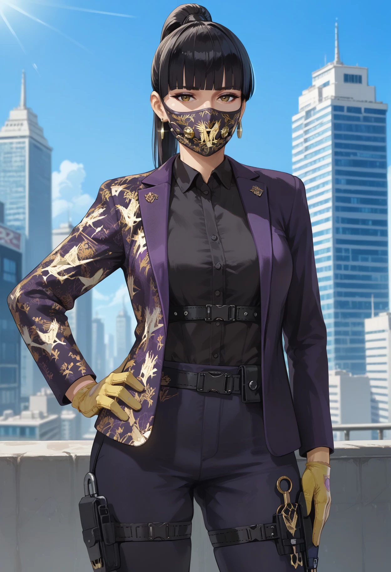 score_9, score_8_up, score_7_up, <lora:AzamiR6S_epoch_10:0.9>, AzamiR6S, 1girl, solo, black hair, blunt bangs, ponytail, brown eyes, black eyeliner, single earring, breasts,
mouth mask, yellow gloves, purple jacket, print jacket, black collared shirt, harness, black belt, purple pants, thigh strap,
looking at viewer, expressionless, cowboy shot, hand on own hip, 
BREAK day, blue sky, sunlight, sunbeam, cityscape,