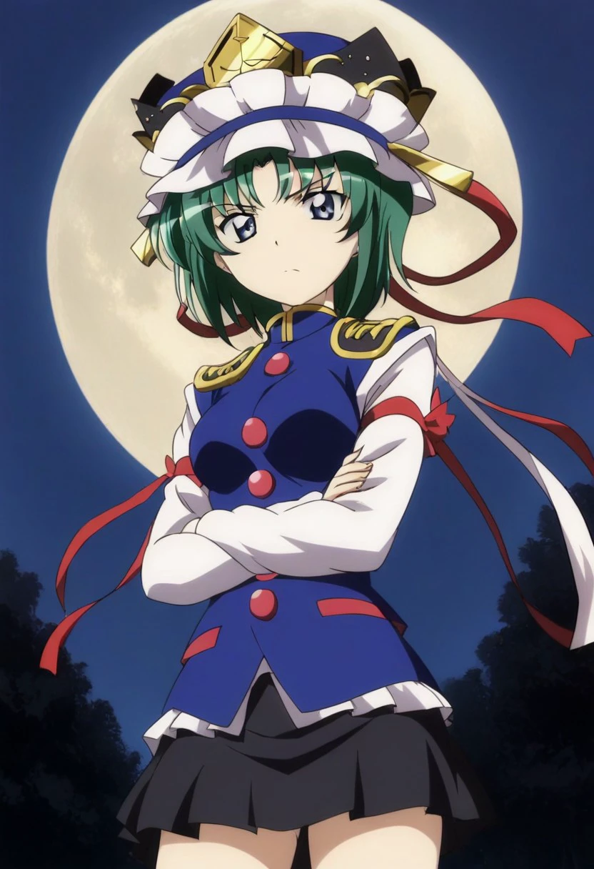 anime coloring, 1girl, solo, Eiki, Shiki Eiki, touhou, frilled hat, short hair, green hair, short hair, blue hat, blue eyes, blue vest, red, long sleeves, (black skirt), white shirt, red ribbons, red buttons, standing, bare legs, crossed arms, center, looking at viewer, serious, sakura background, night, night time, moon, epaulettes, blue hat, partically clothed, standing, medium breasts, looking at viewer, closed mouth, source anime, anime screenshot.