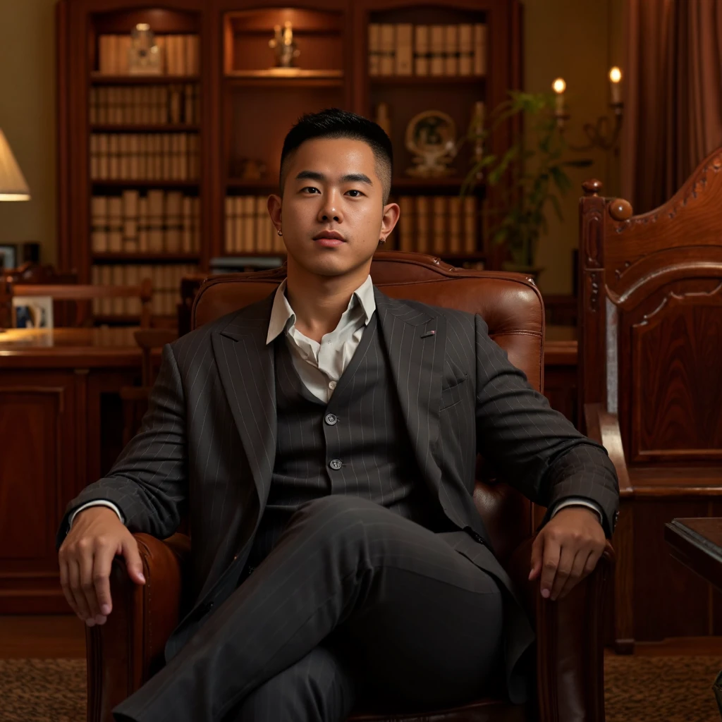 sifeng,a high-definition,realistic photo of a young man seated in a luxurious American-style office. He is dressed in a sharp three-piece suit,exuding confidence and sophistication. One hand rests on the armrest of the leather chair,while he crosses one leg over the other in a relaxed yet commanding posture. His gaze is directed toward the camera with a poised and assertive expression. The office features classic decor,including a large wooden desk,bookshelves,and warm ambient lighting,emphasizing an atmosphere of elegance and authority.,