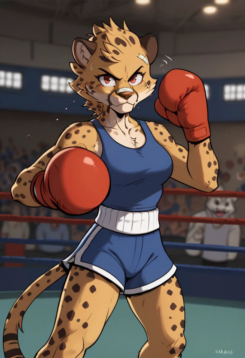 score_9_up, score_8_up, score_7_up, ashBeezii, cheetah, red eyes, furry, spotted fur, boxing gloves, tank top, gym shorts, bandages, indoors, boxing ring, looking at viewer, mad, closed mouth, punching, action pose, detailed background, camera flashes, audience, blurry background, ((dutch angle, canted angle)), large stadium, indoors, punching the viewer