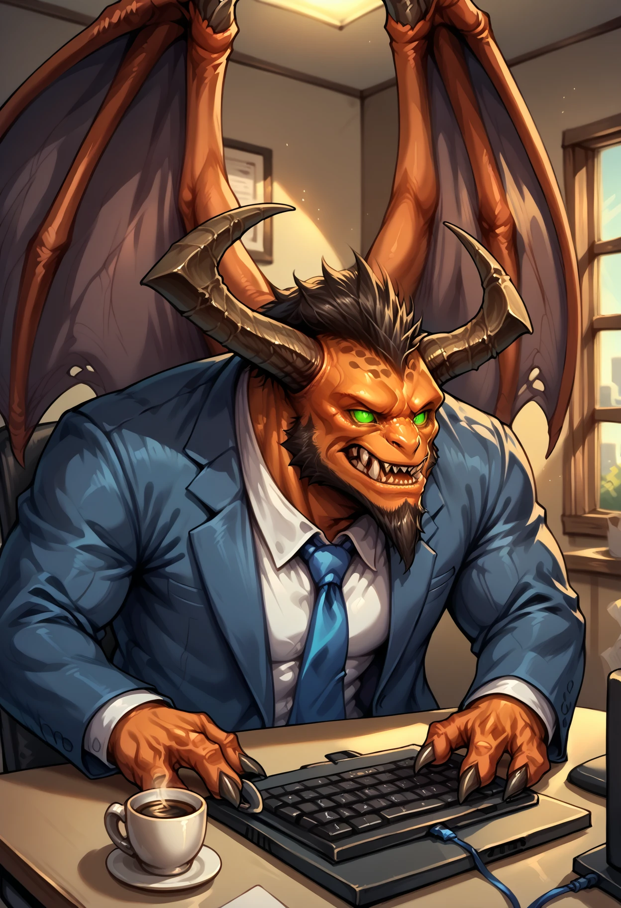 zPDXL3, score_9, score_8_up, score_7_up, (detailed face, detailed body, detailed background, perfect anatomy, masterpiece, high quality, best quality), source_monster, indoors, office, window, computer, keyboard BREAK sitting, doomguard_wow, orange skin, demon wings, sharp teeth, monster, green eyes, glowing eyes, horns, no pupils, muscular, suit, tie, hand, 3 fingers, coffee, beard <lora:detailed_notrigger:1> <lora:Doomguard_WoW_V1:0.85>