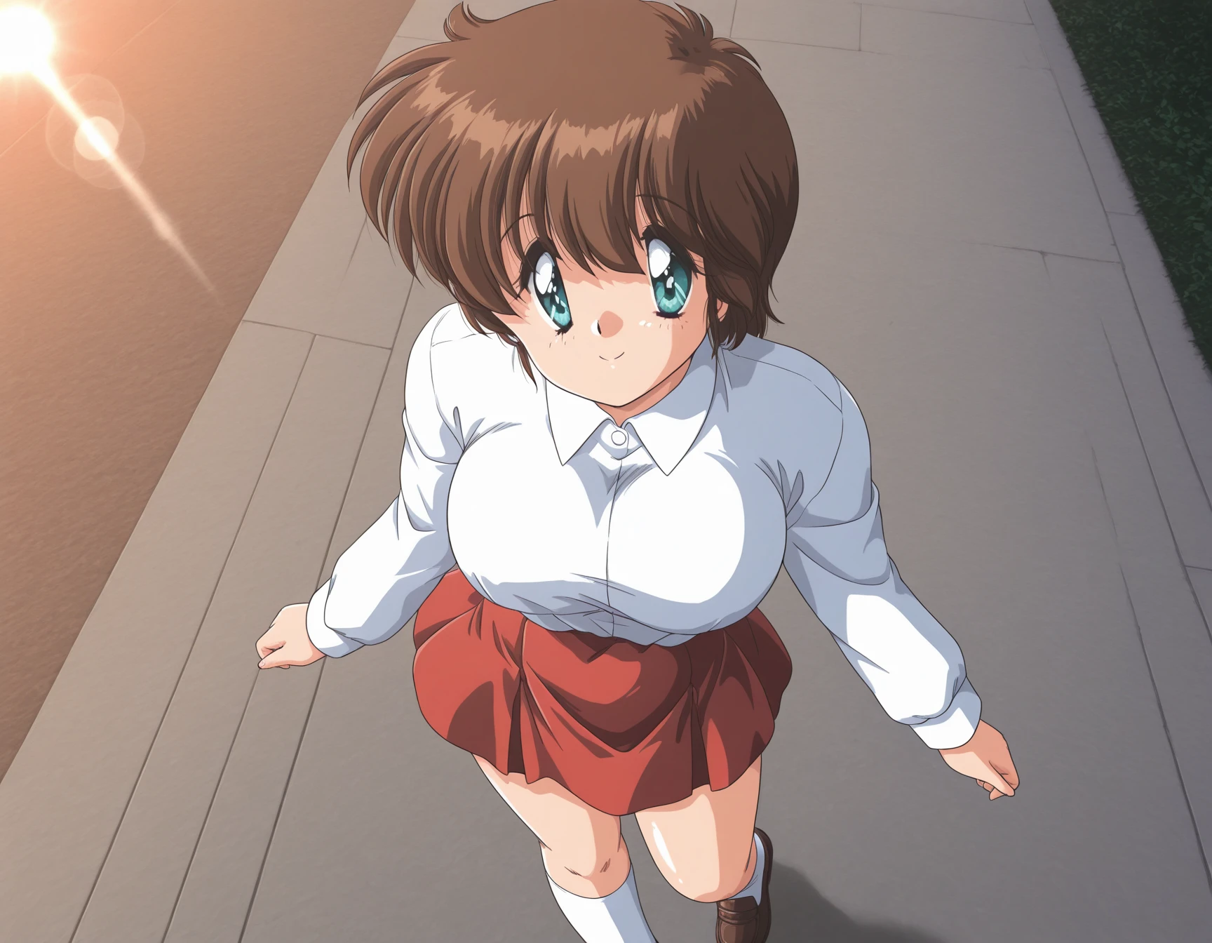 1girl, solo, 
<lora:Wakaba_Mina_Gomenne_Mina-chan_Illustrious_v2:1.0>, wakaba_mina_v2, large breasts, aqua eyes, blue eyes, brown hair, short hair, bangs, hair between eyes, sidelocks, white shirt, long sleeves, pleated skirt, red skirt, white legwear, loafers, 
smile, happy, looking at viewer,  
outdoors, perspective, evening, , , light rays, lens flare, double exposure, , contrapposto, from above, 
best quality, ultra-detailed, masterpiece, finely detail, highres, amazing quality, very aesthetic, absurdres, general, recent, newest,