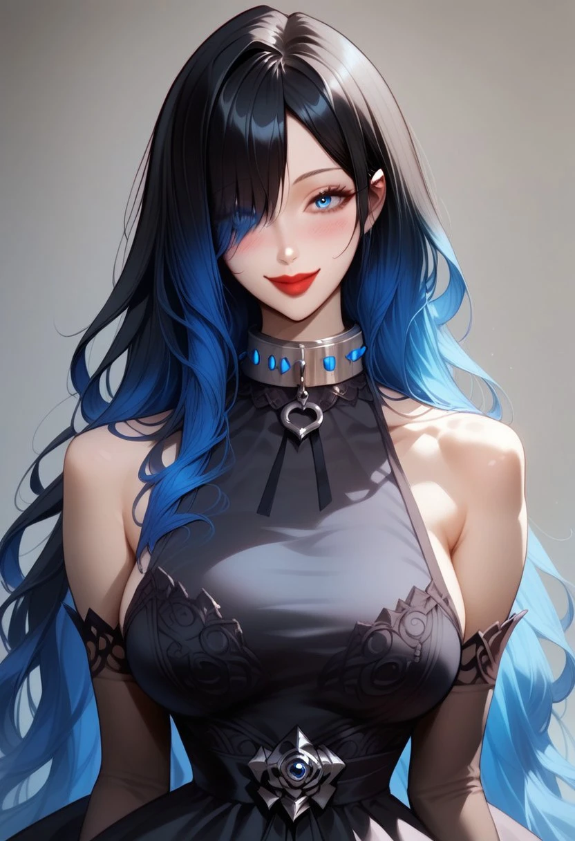 score_9, score_8_up, score_7_up, score_6_up, 
 s3r3n1ty,Serenity,Serenity UOC Style, 
rating_safe,  1girl, solo, long hair, breasts, looking at viewer, blush, smile, bangs, blue eyes, large breasts, black hair, closed dress, gloves, dress, bare shoulders, closed mouth, blue hair, upper body, multicolored hair, elbow gloves, hair over one eye, collar, lips, gradient hair, red lips,