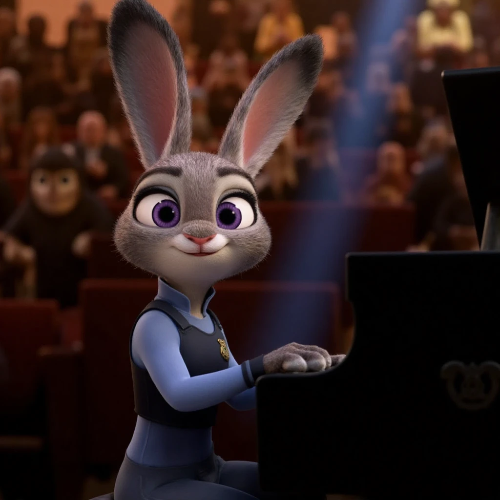 A photo of ohwx as Judy Hopps from Disney Zootopia weaing a evening dress and playing piano in a concert hall