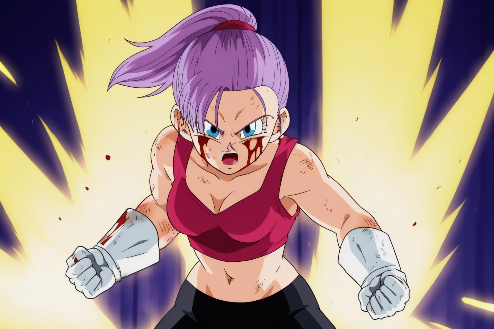 source_anime, score_9, score_8_up, score_7_up, anime screencap,8k, absurd res,
bra \(dragon ball\), 1girl, solo, breasts, open mouth, blue eyes, white gloves, navel, cleavage, medium breasts, ponytail, purple hair, midriff, purple crop top, blood, serious, aura, bike shorts, clenched hands, fighting stance, cowboy shot, dirty, dirty face
 <lora:bra_pony_v1:0.8>