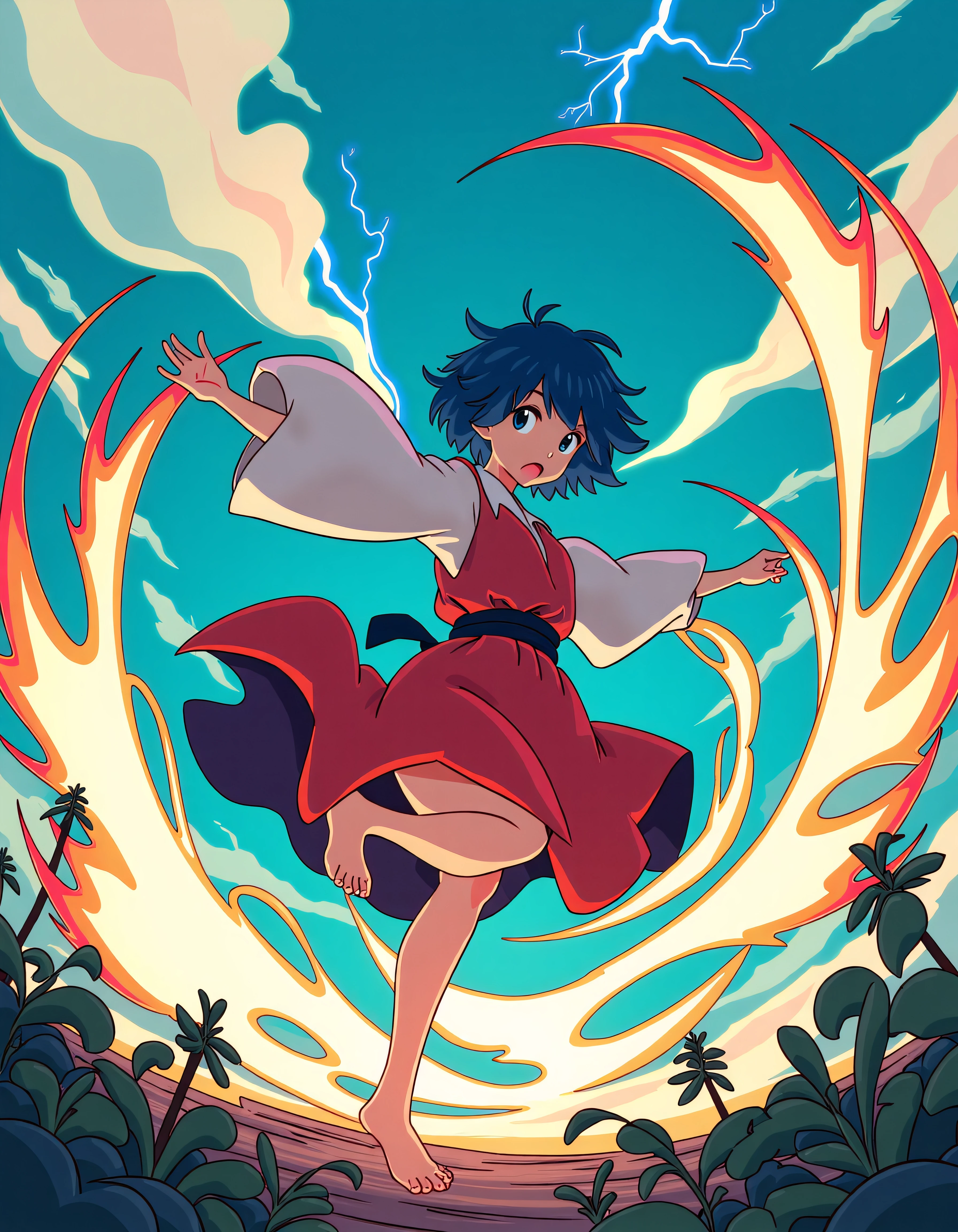 Vibrant and exaggerated aesthetics, anime style,  A nimble young woman with short, tousled blue hair moves gracefully through a storm, her movements creating powerful gusts of wind that bend trees and swirl leaves around her. Her outfit is a flowing robe that flutters wildly as she spins and leaps, manipulating the wind as both her partner and weapon. The background shows a dynamic sky, filled with fast-moving clouds and flashes of lightning. <lora:xlranime-sushio:1.0>