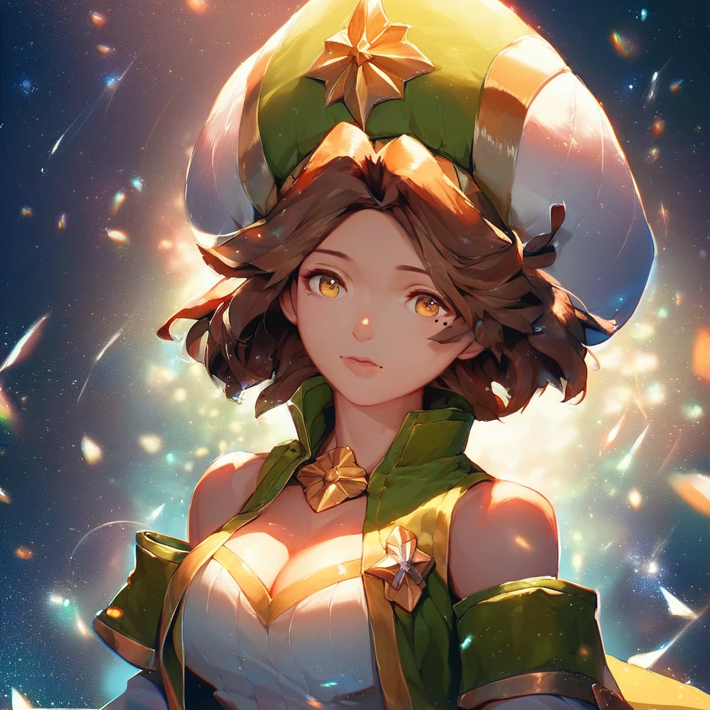 Sophie Dragalia, brown hair, short hair, yellow eyes, mole under eye, large breasts, wide hips, defaultsophie, hat, cleavage, bare shoulders, detached sleeves, brooch,score_9, score_8_up, score_7_up, source_anime, 1girl, light particles, dramatical lighting, (detailed, light particles, dynamical lighting, masterpiece, beautiful art, beautiful eyes, beautiful face, delicate artwork), score_9, score_8_up, score_7_up, 1girl,