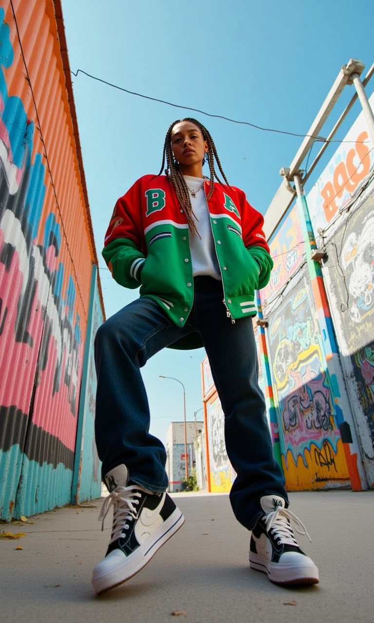 aesthetic_pos3, dynamic_pos3, Low-angle view of a woman in a colorful, oversized varsity jacket and high-top sneakers, her hands in her pockets, posing confidently with graffiti-covered walls behind her. Her braided hair falls down over her shoulders, exuding urban hip-hop style under a clear sky