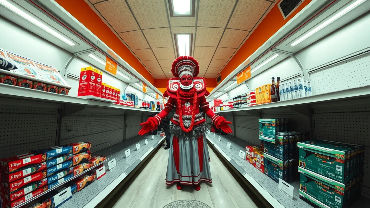 wide angle fish eye lens view from top left angle showing the view of an empty convenience store aisle. theyyam performer wearing a full body red and silver costume with red face and body paint standing  in the center