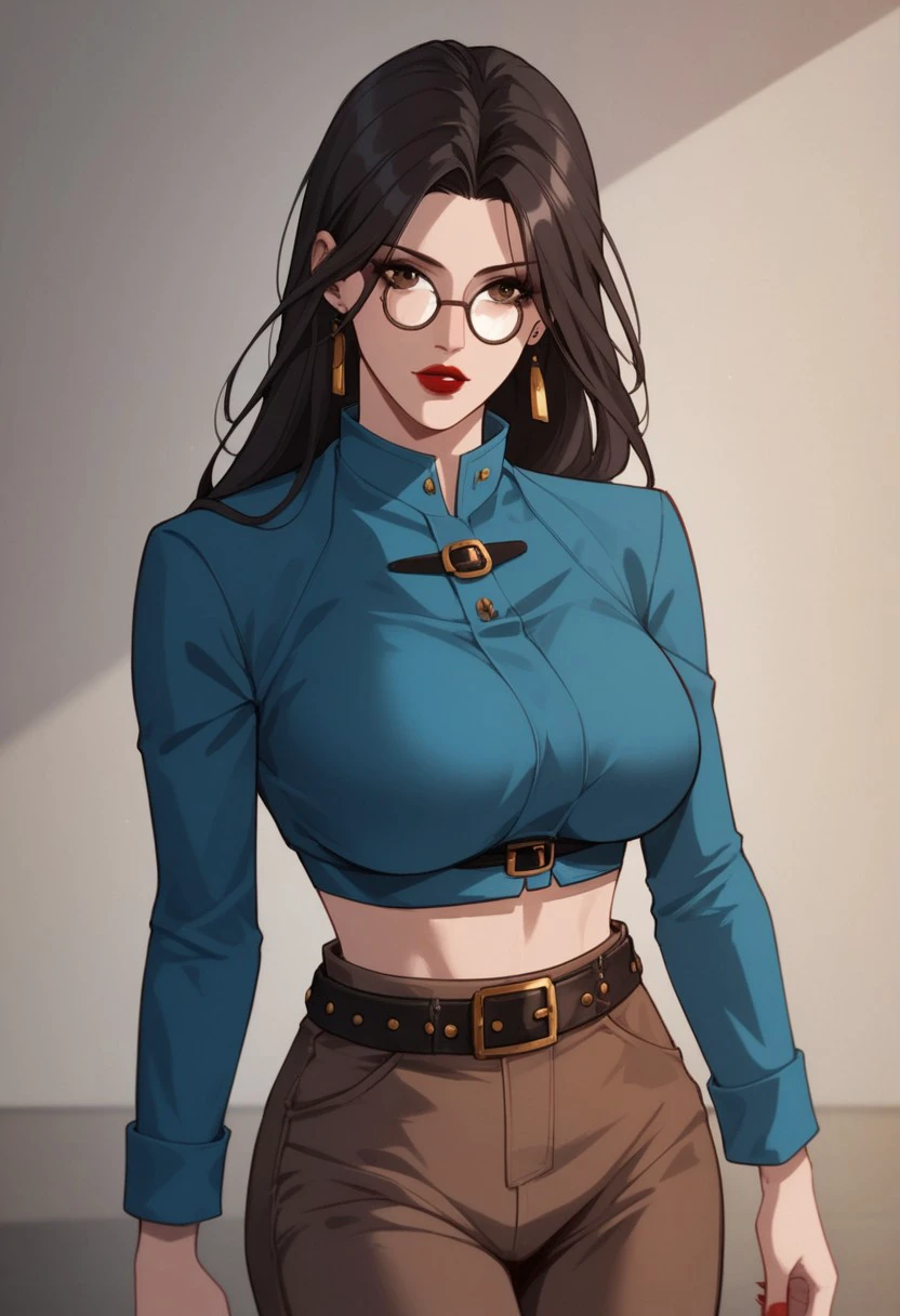 score_9, score_8_up, score_7_up, BREAK, LiRuobing, long hair, black hair, brown eyes, glasses, large breasts, makeup, red lips, red nails, CasualBlue, earrings, blue shirt, crop top, long sleeves, belt, brown pants, 1girl, solo,