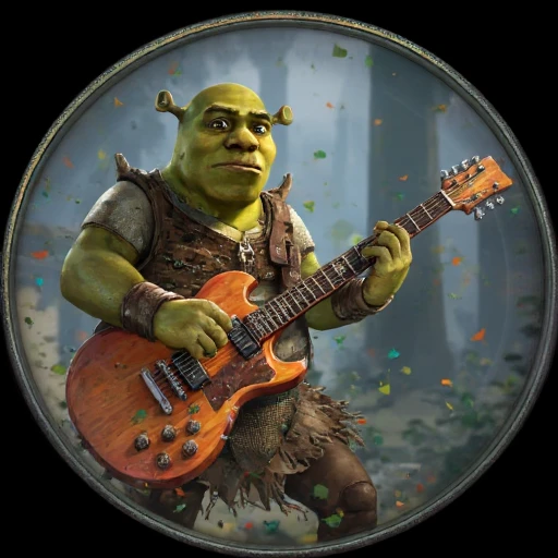 Digital ilustration in PoE1ascendancyArtFLUXV1 style of Shrek playing on a eletrctic guitar