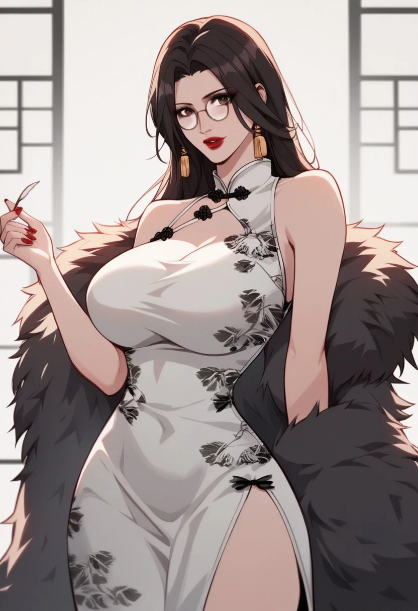 score_9, score_8_up, score_7_up, BREAK, LiRuobing, long hair, black hair, brown eyes, glasses, large breasts, makeup, red lips, red nails, FormalDress, white dress, china dress, sleeveless dress, long dress, side slit, feather boa, 1girl, solo,