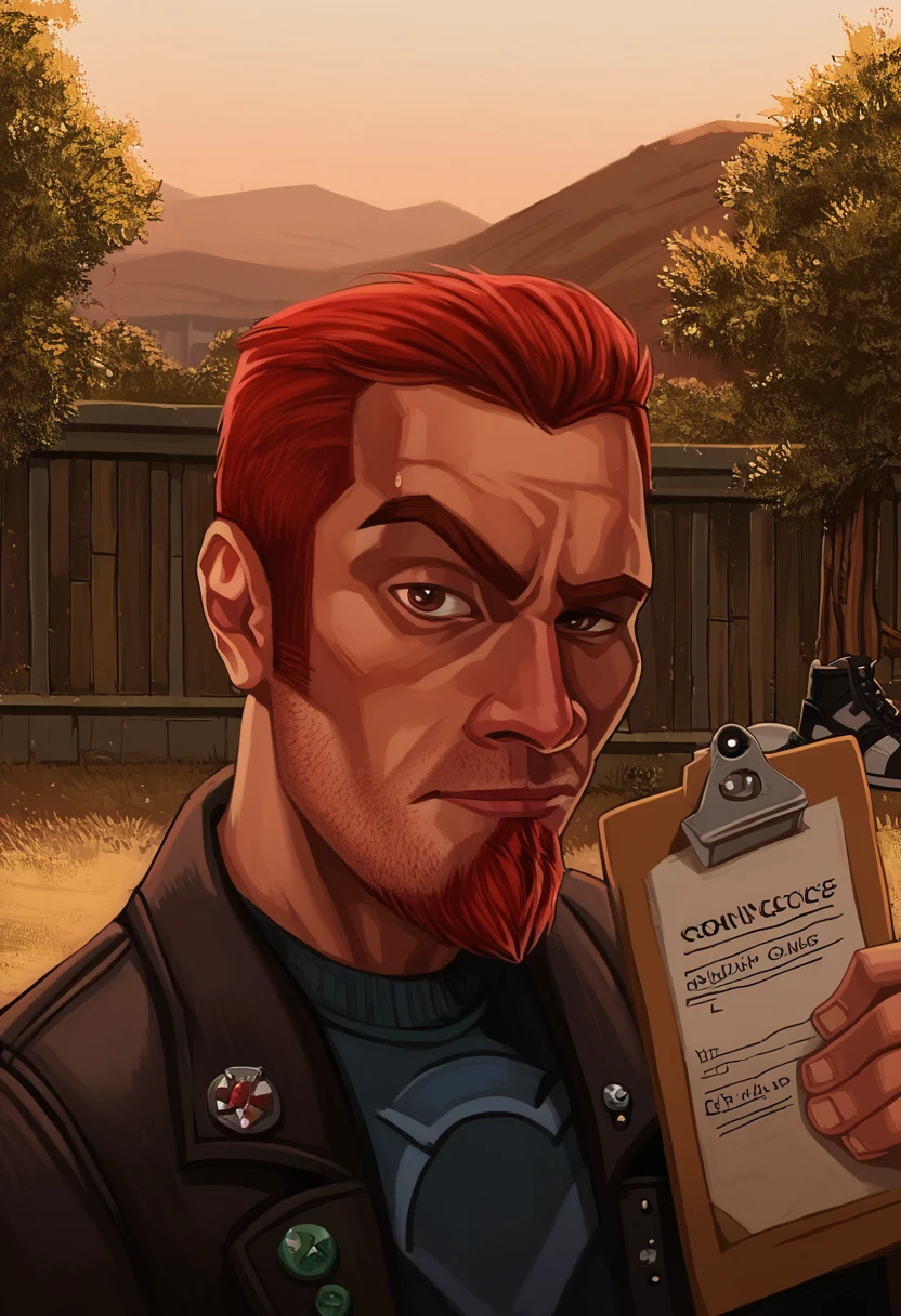 score_9,score_8_up,score_7_up,
outdoors,
<lora:Postal_Dude_Clothings__Character_Postal_2:0.8> sulfs-p2d00d, red hair, coat, shirt, pants, beard, shoes, 1boy, solo, holding clipboard,
 <lora:RocksEyebrowRaise_XLPD:1> RocksEyebrowRaise, upper body, portrait, raised eyebrow, thick eyebrows,