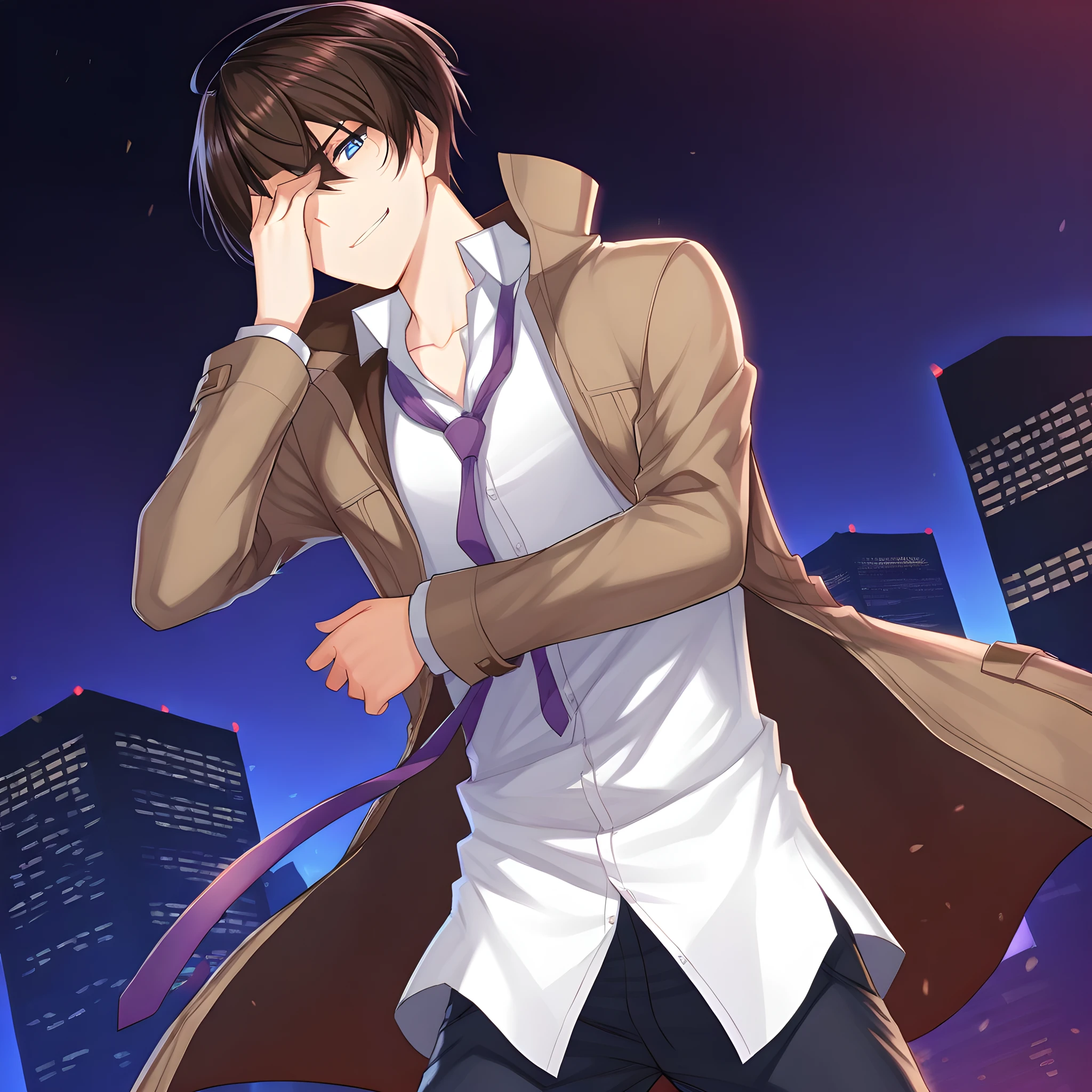 nayubin, 1boy, 1boy, male focus, blue eyes, solo, shirt, smirk, teeth, white shirt, necktie, city, brown hair, hair between eyes, looking at viewer, collared shirt, bangs, midnight background, jacket, brown jacket, closed mouth, open clothes, collarbone, brown coat, purple necktie, cowboy shot, fighting stance, crossed arm, hand covering face, , cowboy shot,  <lora:nayubin:1>, (masterpiece),(best quality),(ultra-detailed),(best illustration),(best shadow),(absurdres),(detailed background),(very aesthetic),