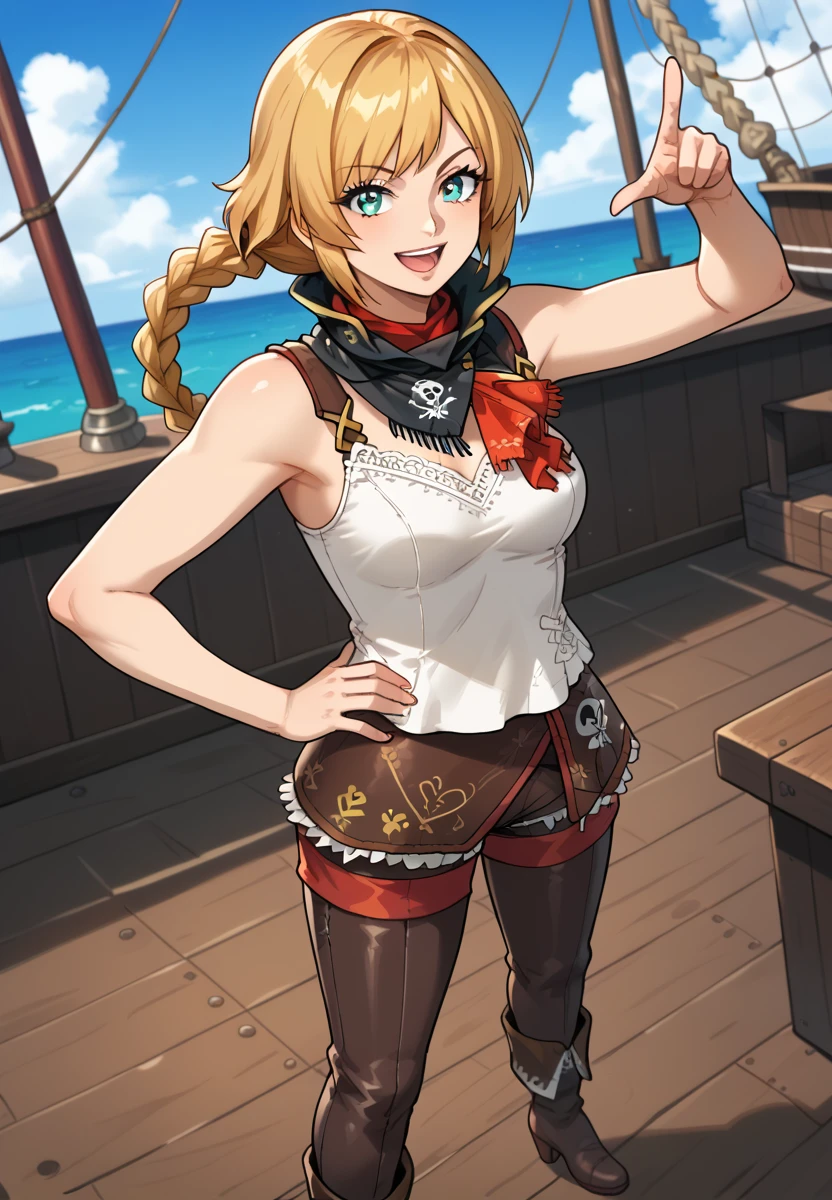 masterpiece,best quality,
(1girl, over head angle, pirate ship deck:1.3), midtelamon standing on a pirate galleon with hands on hips pointing 1 hand up to the sky, full body, kamina pose, blonde hair, long single braid, scarf, sleeveless, 1girl, lacy white tank top, smiling, mouth open, sassy, dynamic motion, (hd 2020 anime screenshot:1.3)