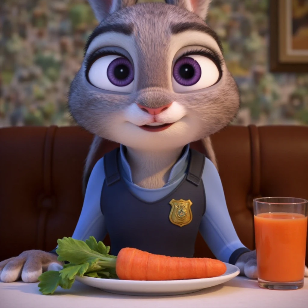 A photo of ohwx as Judy Hopps from Disney Zootopia fine dining in a restaurant, with carots on a plate and a glass of carot juice.