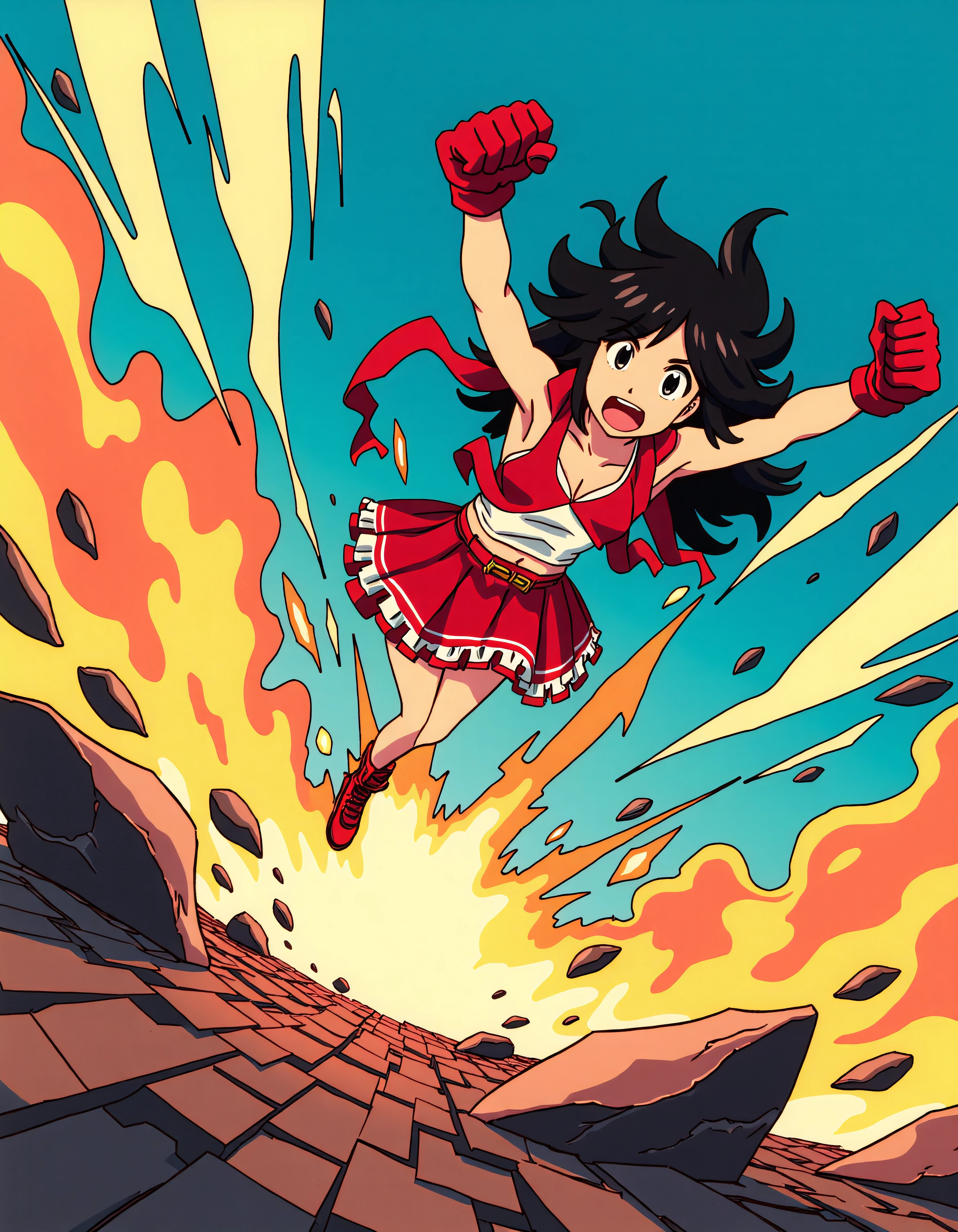 Vibrant and exaggerated aesthetics, anime style, A heroine plummeting from the sky, fists aimed downward, surrounded by flaming meteorites and debris as she prepares to land a powerful, ground-shaking attack. The sky is split with streaks of fiery light, emphasizing the intensity of her descent. <lora:xlranime-sushio:1.0>