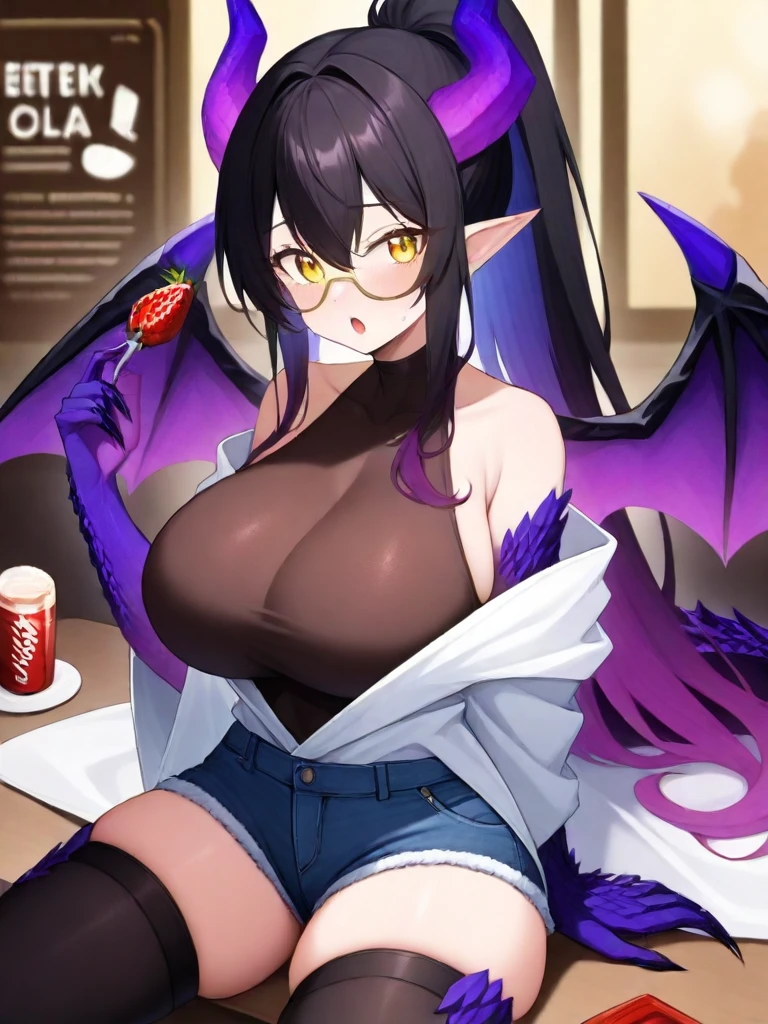 1girl,solo,sit, eat on strawberry,hands cola,
break,
 <lora:Futtora's_Crystal_Dragon_Girl_MS_Dowlin:1>fc_Dowlin,  dragon horns, dragon skin, breasts, tail, wings, yellow eyes, shorts, thighhighs, dragon tail, large breasts, dragon girl, claws, ponytail, dragon wings, long hair, pointy ears,  black thighhighs, dragon horns, black hair,  purple hair,short shorts, bare shoulders, off shoulder, denim, denim shorts, very long hair, multicolored hair,  scales, hair between eyes,Golden frame glasses,black leotard,white robe
in a  cafe,
masterpiece, best quality, amazing quality, very aesthetic, absurdres, highres, newest