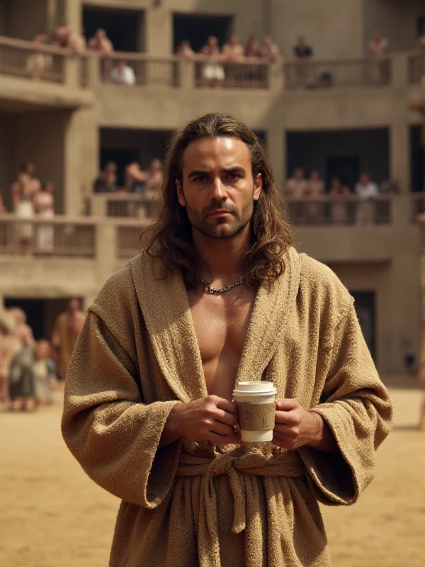 <lora:Gannicus:0.9> gannicus, facial hair,  wears a bathrobe and hold a coffe mug in an antic arena.