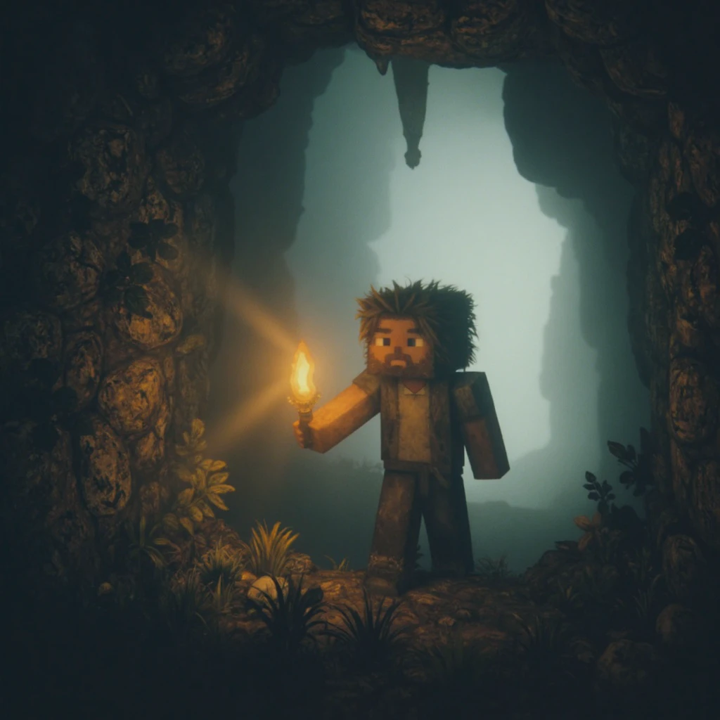 ezh1k. Animated film style, a Minecraft character stands at full height holding a torch in a dark cave, inspired by 'Hedgehog in the fog' art style. Wearing square-shaped outfit with pixelated textures. The cave walls have rough stone texture with scattered ore veins. Thick misty atmosphere creates ethereal depth, partially obscuring distant stalactites and stalagmites. Soft torch light casts long shadows on the rocky walls, creating mysterious silhouettes. The background shows deeper cave passages shrouded in fog.