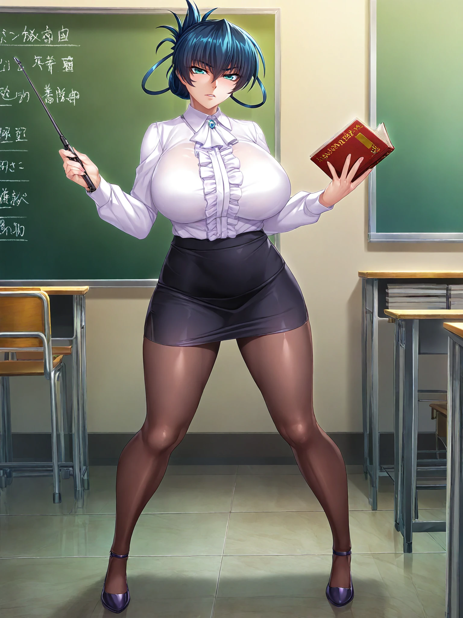 sexy woman, mature, milf, huge breasts, large breasts, curvy, voluptuous, clompletely nude, nude, pussy, nipples, black hair, blue eyes, red lips, short cut, slick back hair, glasses, earring, necklace, grinning, standing, classroom, indoors, crowd of students (young boys around , behind woman)