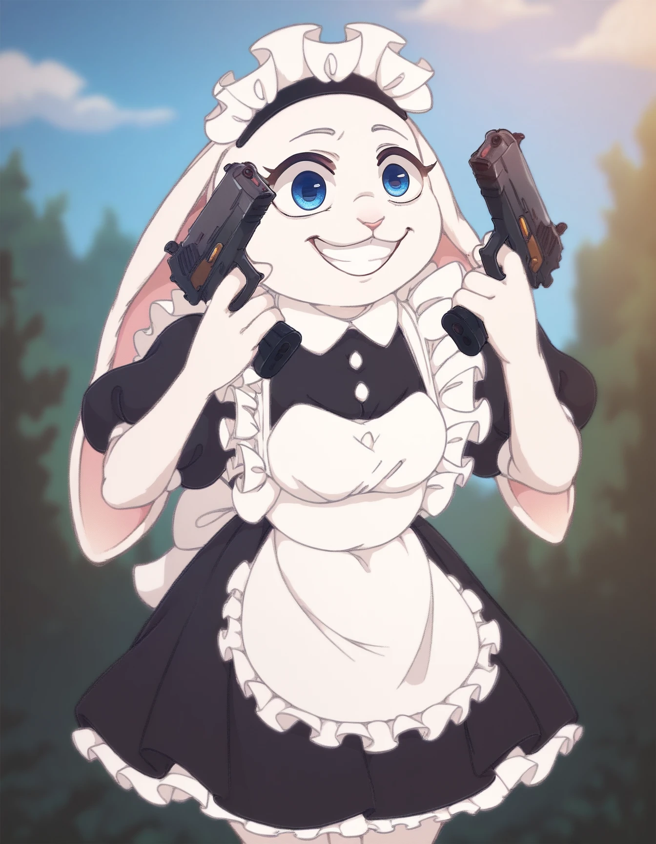 score_9, score_8_up, score_7_up, score_6_up, score_5_up, score_4_up,
Reiko, hare, blue eyes, white fur, maid uniform, floppy ears, handgun, holding gun, holding weapon, dual wielding, finger on trigger, smile, grin, crazy eyes, outside
<lora:DanielRadcliffeHoldingTwoGunsMeme_pdxl_Incrs_v1:1>
<lora:Reiko_XL:0.9>